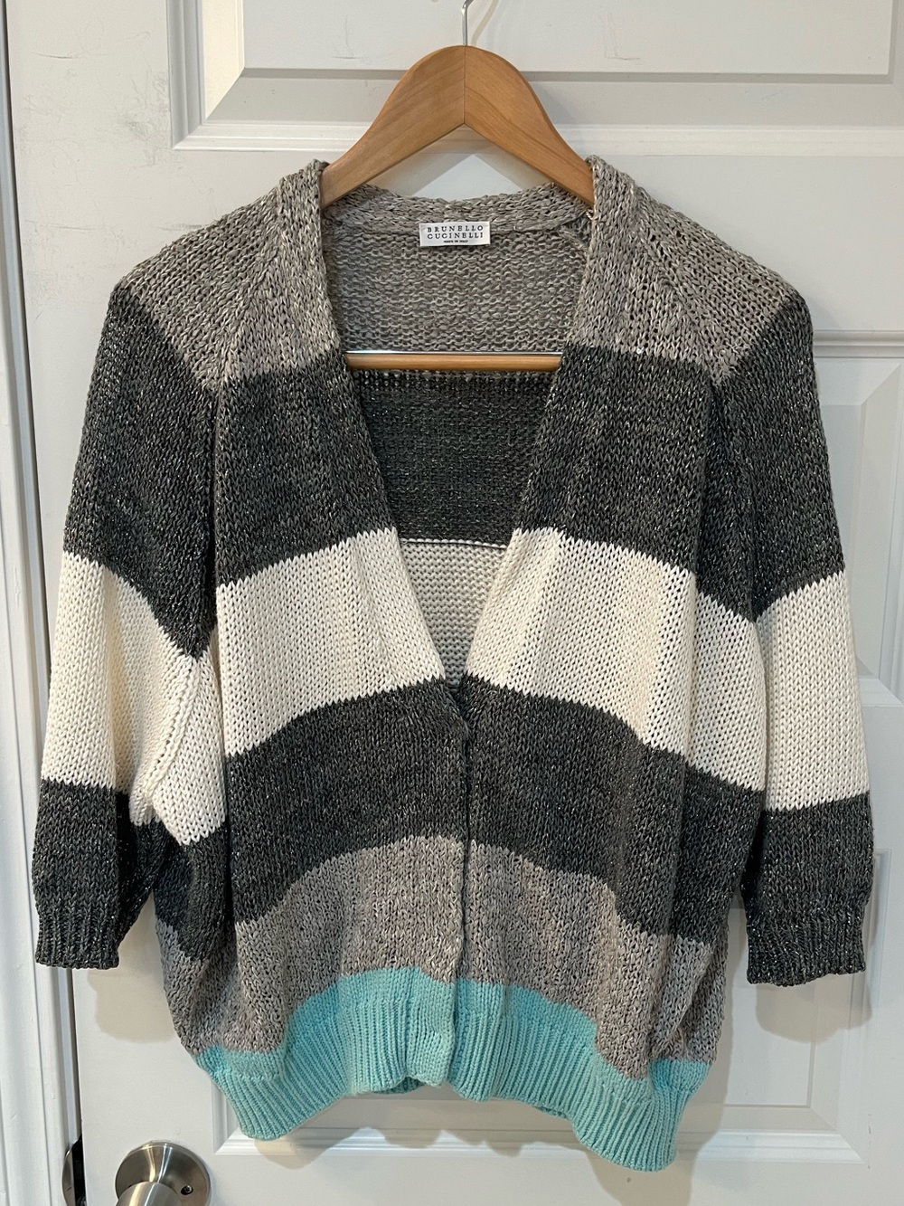BRUNELLO CUCINELLI Large Linen Silk Cardigan Sweater Striped Gray Mint Italy‎
